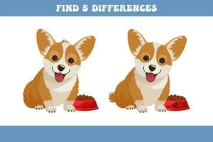 Find 5 differences between two cartoon corgi dogs. Children's logic game, educational puzzle, vector