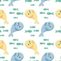Seamless pattern with fur seals and fishes on a white background. Background with cartoon sea animals. Baby print, vector