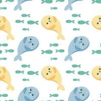 Seamless pattern with fur seals and fishes on a white background. Background with cartoon sea animals. Baby print, vector