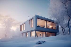Modern Nordic house style fro exterior view, Architecture design for family, personal house for relaxing after work, beautiful sweet home with Generative Ai. photo