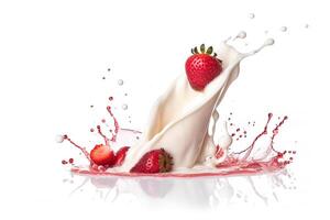 Strawberries and berries milk smoothie splash isolated on white background, creamy yogurt, dessert sweeties dipped products, with . photo