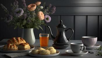 Afternoon set up of classic tea on ceramic marble table decorated with spring flowers and dessert, hot tea on the cup, popular drinks beverage, with . photo