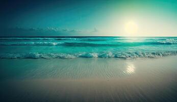 Summer vacation, tropical beach with blue sky and sea for relaxation, panoramic beach background, summer holiday with beautiful nature sand, sunlight, ocean water with . photo