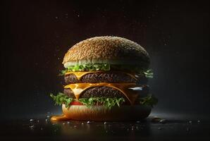 delicious and attractive hamburger with refreshing ingredients on a dark background. photo