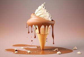 Colorful ice cream splashes, melting ice cream cone. . photo