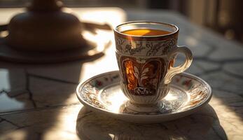 Morning Coffee in modern cup on marble table with flowers in spring season and sunlight, calm and relax coffee, relaxation time, hot beverage, with . photo