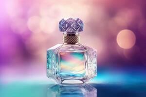 Close up of luxury perfume bottle with blurry bokeh light background, fragrance branding product for mock up, packaging design with . photo