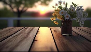 Wooden blank or empty tabletop in spring season at morning with sunset light, spring summer flowers decorations and nature view for mock up, with . photo