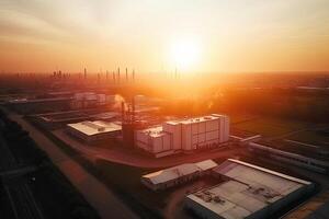 Aerial top view of factory station, oil fuel storage tank, petroleum refinery, manufactory, industrial process plant oil refinery for energy with . photo