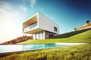 moderno nórdico casa estilo en césped colina con piscina y hermosa fondo, relajación tiempo, villa casa concepto, arquitectura diseño para familia, hermosa dulce hogar con generativo ai. foto