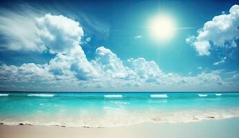 Summer vacation, tropical beach with blue sky and sea for relaxation, panoramic beach background, summer holiday with beautiful nature sand, sunlight, ocean water with . photo