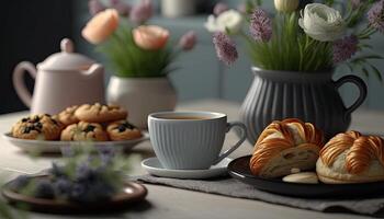 Afternoon set up of classic tea on ceramic marble table decorated with spring flowers and dessert, hot tea on the cup, popular drinks beverage, with Generative AI. photo
