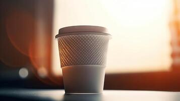 Coffee Paper cup of morning hot coffee for take away on table from cafe shop whit sunlight, calm and relax coffee, relaxation time, hot beverage, with . photo