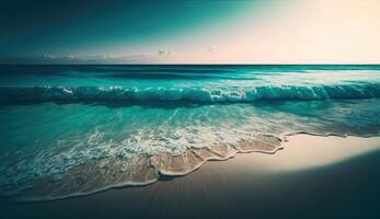 verano vacaciones, tropical playa con azul cielo y mar para relajación, panorámico playa fondo, verano fiesta con hermosa naturaleza arena, luz de sol, Oceano agua con generativo ai. foto