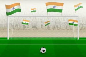 India football team fans with flags of India cheering on stadium, penalty kick concept in a soccer match. vector