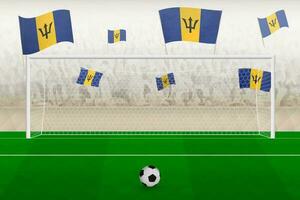 Barbados football team fans with flags of Barbados cheering on stadium, penalty kick concept in a soccer match. vector