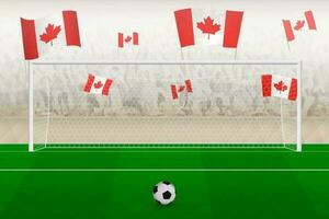 Canada football team fans with flags of Canada cheering on stadium, penalty kick concept in a soccer match. vector