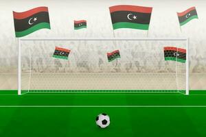 Libya football team fans with flags of Libya cheering on stadium, penalty kick concept in a soccer match. vector