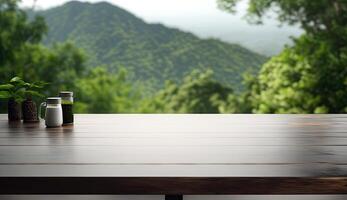 Wooden bar empty blank tabletop focused with blurry nature greenery mountain view background, for mock up and montage product display advertisement, with . photo