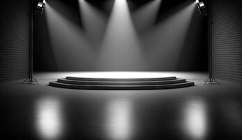 Studio empty stage background with spot light beam shine on background, concert stand with blank space for mock up, swirling fume, with . photo