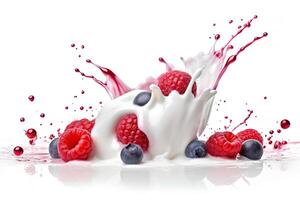 Strawberries and berries milk smoothie splash isolated on white background, creamy yogurt, dessert sweeties dipped products, with . photo