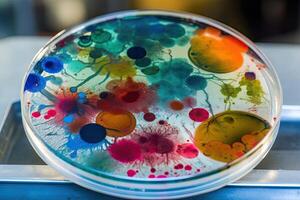 Colorful variety of microorganism inside petri dish plate in laboratory with super macro zoom background, including of bacteria, protozoa, algae, and fungi, with . photo