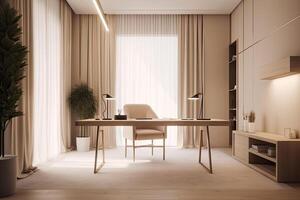 Minimal interior modern office space room with beige cozy tone style, decorate with armchair, desk, and row of computers, empty wall for mock up and banner, with . photo