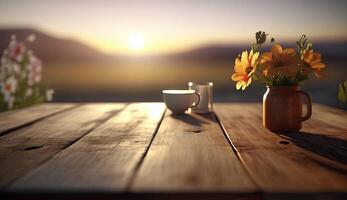 Wooden blank or empty tabletop in spring season at morning with sunset light, spring summer flowers decorations and nature view for mock up, with . photo