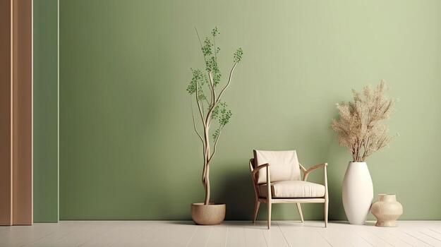 Minimal interior design living room with beige cozy tone style, decorate with armchair, vase, branches tree, and pastel background with shadow, empty wall for mock up and banner, with . photo