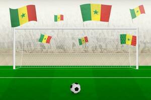Senegal fútbol americano equipo aficionados con banderas de Senegal aplausos en estadio, multa patada concepto en un fútbol fósforo. vector