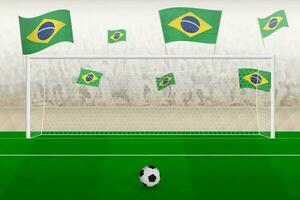 Brazil football team fans with flags of Brazil cheering on stadium, penalty kick concept in a soccer match. vector