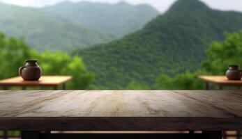 Wooden bar empty blank tabletop focused with blurry nature greenery mountain view background, for mock up and montage product display advertisement, with . photo