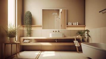 mínimo interior diseño baño con beige acogedor tono estilo, Decorar con de madera decoración, bañera, hundir, toallas, y marrón tono fondo, vacío pared para burlarse de arriba y bandera, con generativo ai. foto