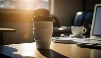 Coffee Paper cup of morning hot coffee for take away on table from cafe shop whit sunlight, calm and relax coffee, relaxation time, hot beverage, with . photo