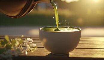 Matcha green tea in cup on wooden table with finely ground powders and flowers in spring season, calm and relax tea, hot beverage, Morning drinks with . photo