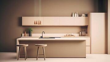 mínimo interior diseño cocina habitación con beige acogedor tono estilo, Decorar con de madera encimera. sillas y marrón tono fondo, vacío pared para burlarse de arriba y bandera, con generativo ai. foto