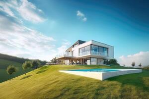Modern Nordic house style on grass hill with pool and beautiful background, relaxation time, villa house concept, Architecture design for family, beautiful sweet home with Generative Ai. photo