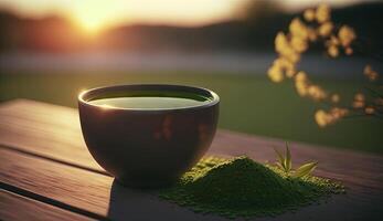 Matcha green tea in cup on wooden table with finely ground powders and flowers in spring season, calm and relax tea, hot beverage, Morning drinks with . photo