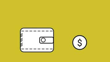 plånbok animering med spridd dollar mynt ikon. lämplig för beskrivande en gång i månaden utgifter, handla. video