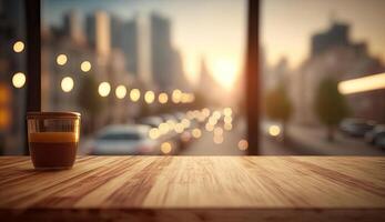 Blank empty wooden bar tabletop focused with blurry bokeh light of city scape, building view background, for mock up and montage product display advertisement, with . photo