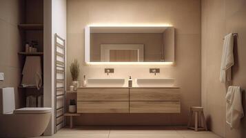 mínimo interior diseño baño con beige acogedor tono estilo, Decorar con de madera decoración, bañera, hundir, toallas, y marrón tono fondo, vacío pared para burlarse de arriba y bandera, con generativo ai. foto