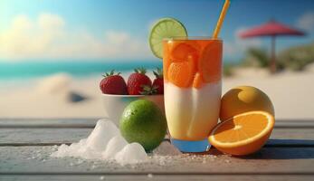 cerca arriba de zalamero frapé frutas jugo con otro frutas, fresas, naranja, piña, sorbete, y melocotón en de madera mesa a verano playa un mar vacaciones fondo, con generativo ai. foto