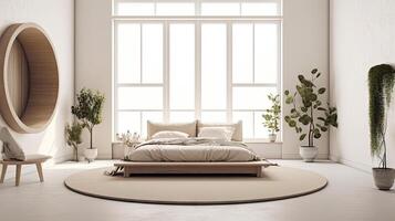 Minimal interior design bedroom with beige cozy tone style, decorate with wooden bed, lamp, white pillows, table, and brown tone background, empty wall for mock up and banner, with . photo