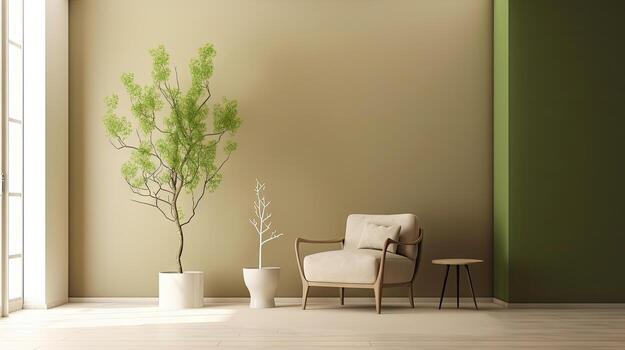 Minimal interior design living room with beige cozy tone style, decorate with armchair, vase, branches tree, and pastel background with shadow, empty wall for mock up and banner, with . photo