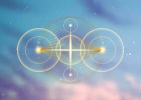 Planetary sacred geometry, gold lines overlap, triangles shape on circles. Orbits of energy circle. Alchemy, magic, esoteric, occultism symbols. Golden divine cross, vector isolated, blue background