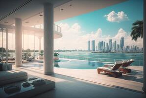 A stunning luxury condominium building stands amid the bustling city skyline, boasting a luxurious swimming pool and ornate windows. photo