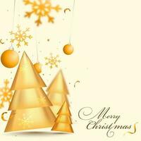 Merry Christmas Font with Golden Xmas Trees, Snowflakes, Hanging Baubles and Confetti Decorated on Light Yellow Background. vector