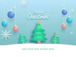 Merry Christmas Font With Glossy Xmas Trees, Hanging Baubles, Snowflakes Decorated On Blue And White Background. vector