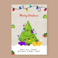 Merry Christmas Template or Flyer Design With Decorative Xmas Tree, Gift Boxes And Lighting Garland On Background. vector