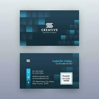 Teal Blue Business Or Visiting Card With Square Pattern In Front And Back View. vector